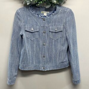 Dakini Collarless Fringe Neck Button Front Jacket S